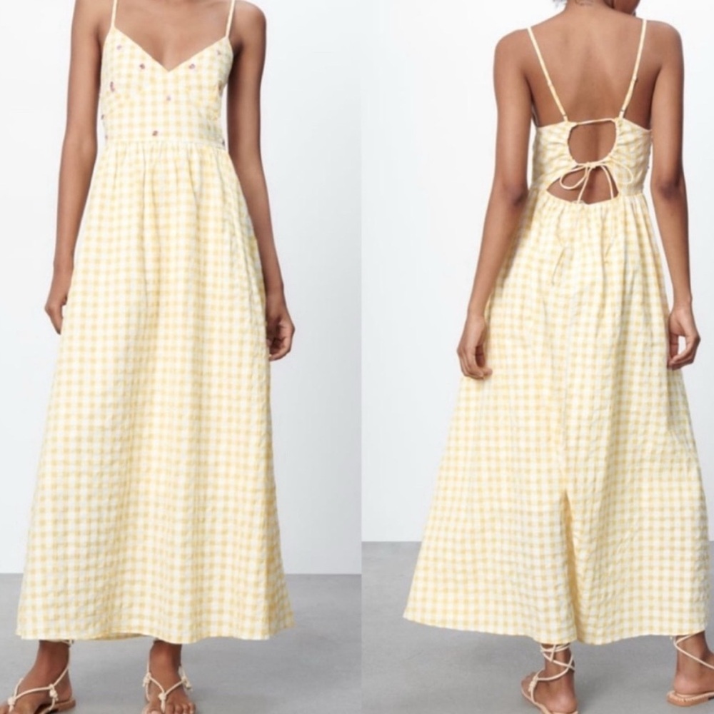 NWT ZARA Gingham Dress Yellow White XXLarge Beaded Open Back